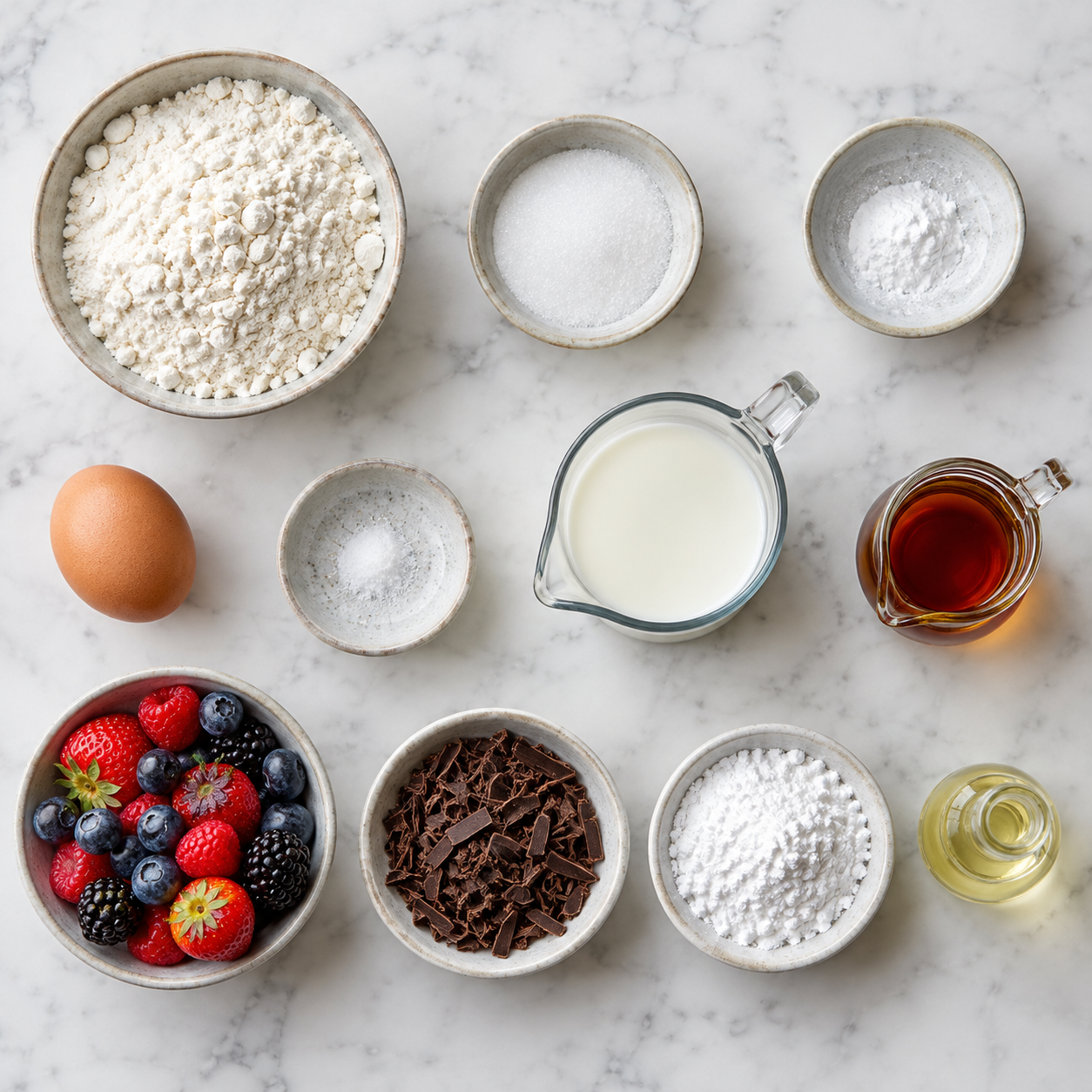 Elf Zutatenstationen für American Pancakes mit Mehl, Ei, Milch und Toppings