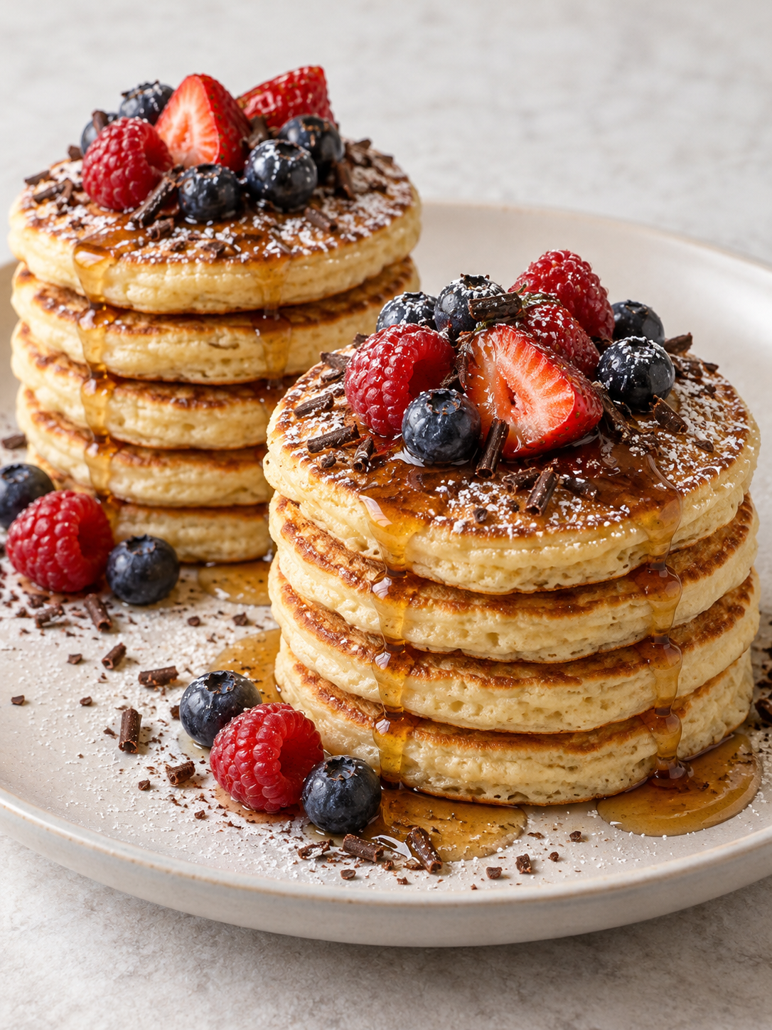 Zehn American Pancakes als zwei Stapel mit Ahornsirup, Beeren und Puderzucker