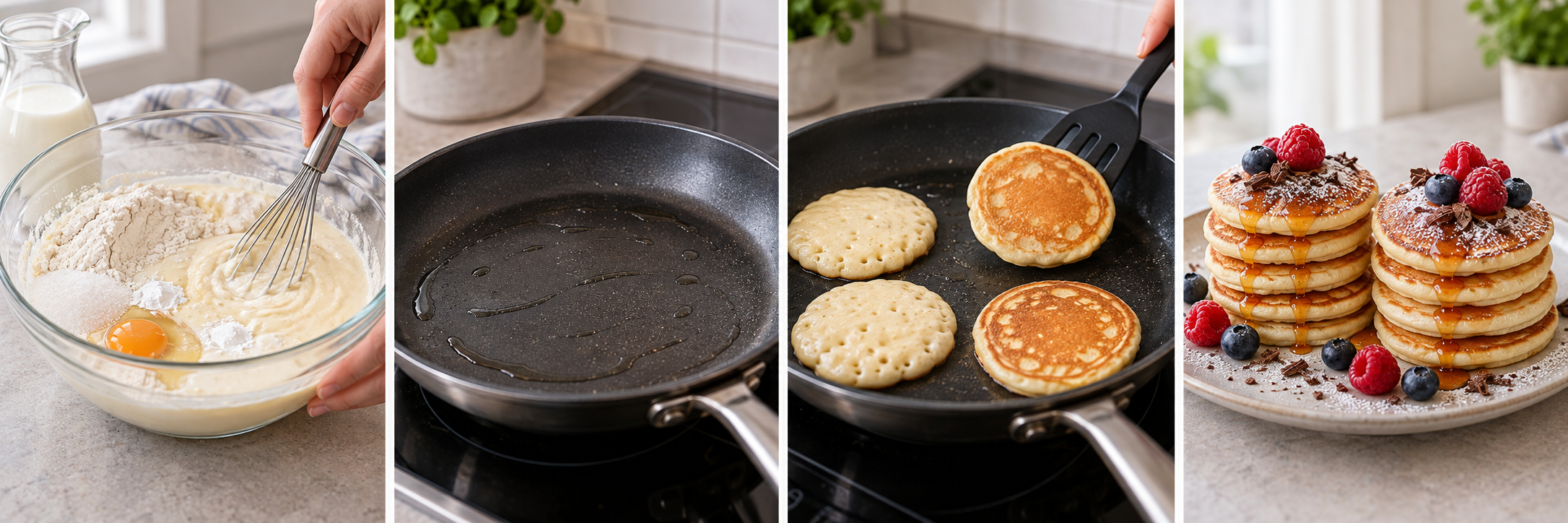Vier Schritte für American Pancakes vom Teig bis zum fertigen Stapel