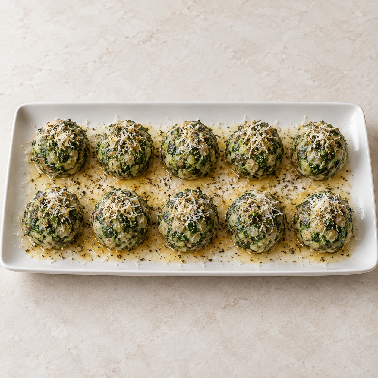 Zehn Südtiroler Spinatknödel mit Salbeibutter und Parmesan