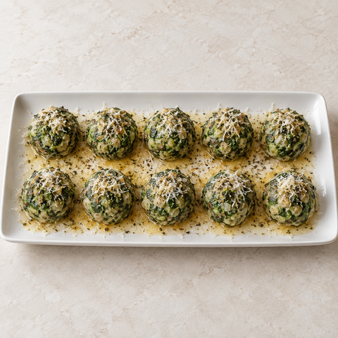 Zehn Südtiroler Spinatknödel mit Salbeibutter und Parmesan