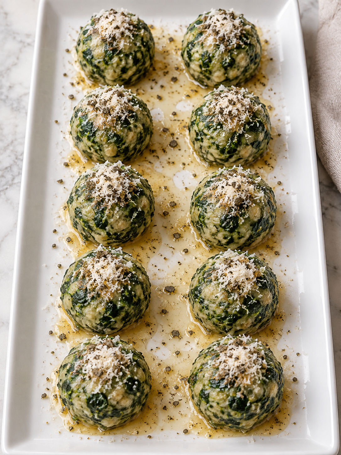 Zehn Südtiroler Spinatknödel mit brauner Salbeibutter