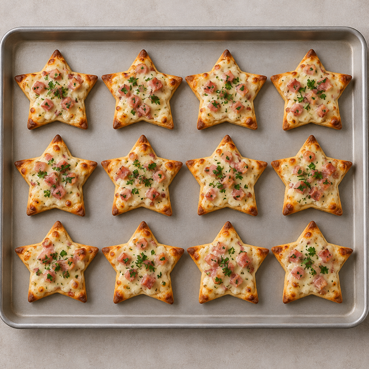 Zwölf goldbraune Mini-Flammkuchen in Sternform mit Schinken und Käse