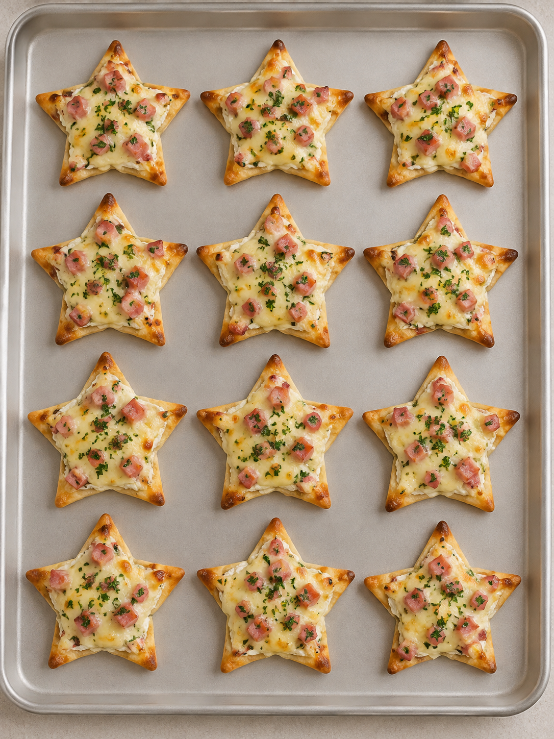 Zwölf fertige Flammkuchen-Sterne im Hochformat