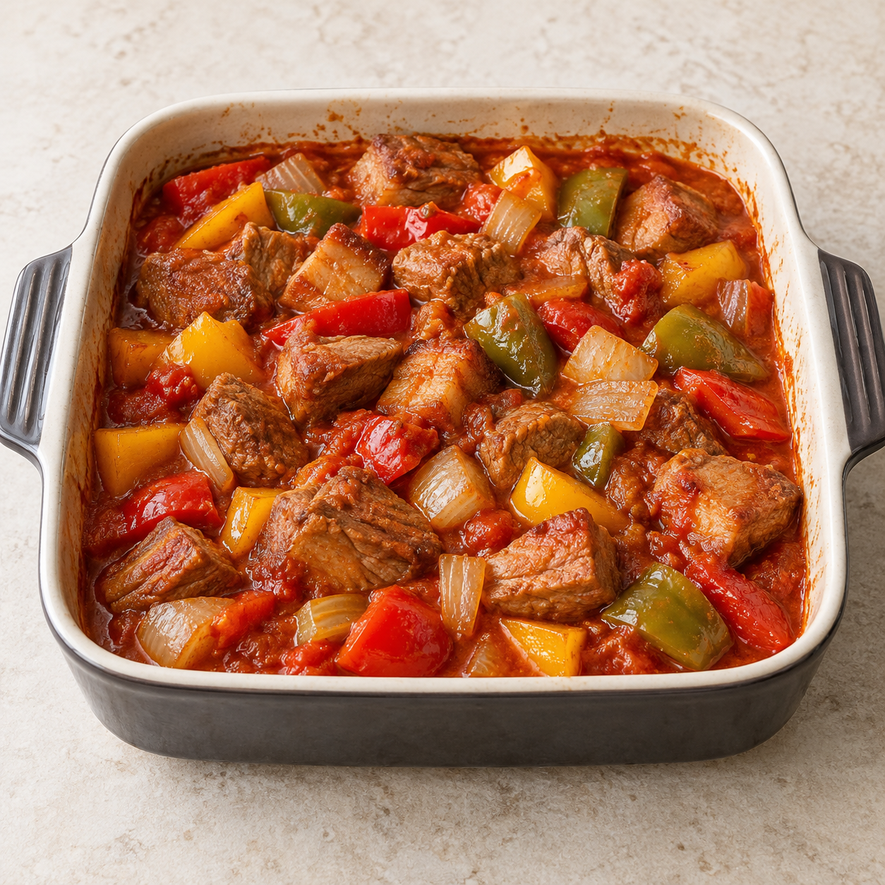 Omas Schaschliktopf mit Schweinenacken, Speck, Paprika und Tomatensauce