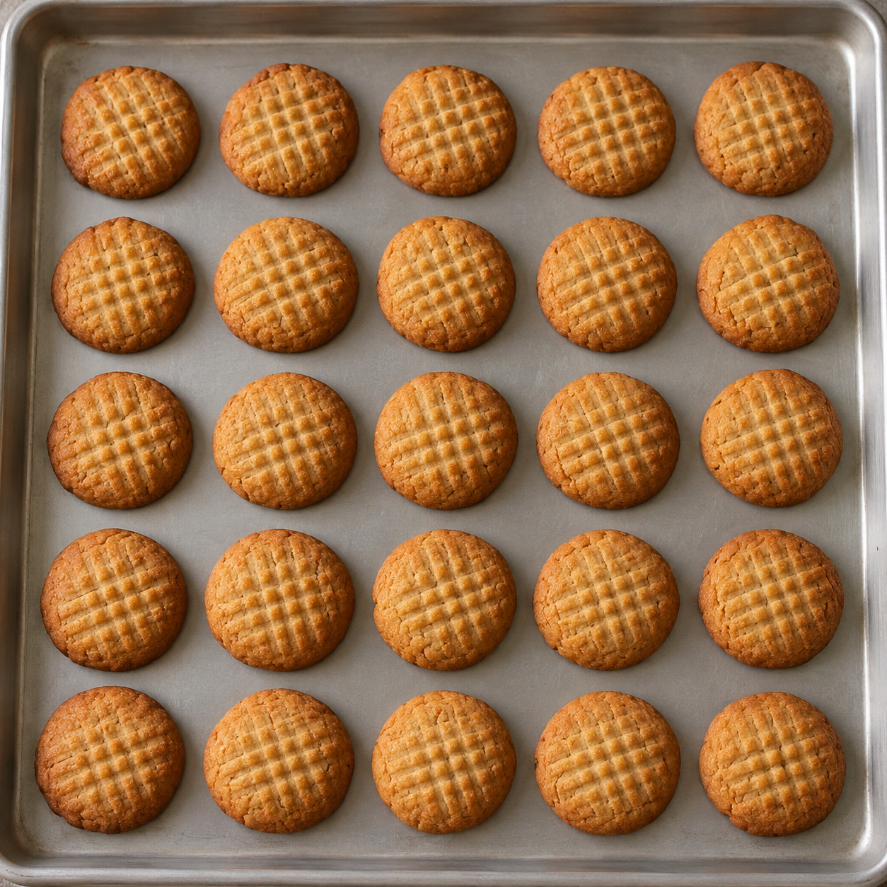 25 goldbraune Honigplätzchen mit Gittermuster auf einem Backblech