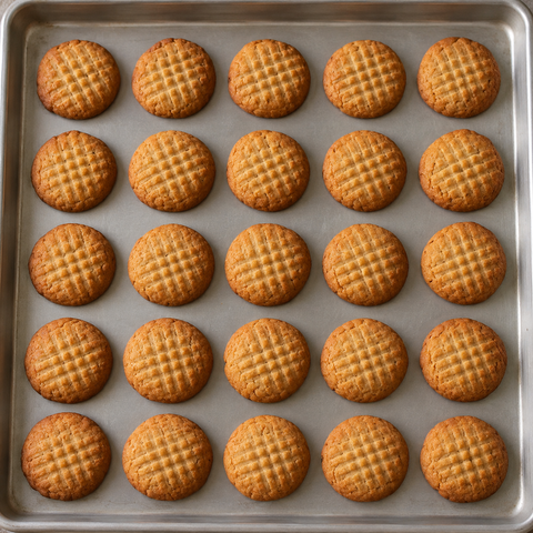 25 goldbraune Honigplätzchen mit Gittermuster auf einem Backblech