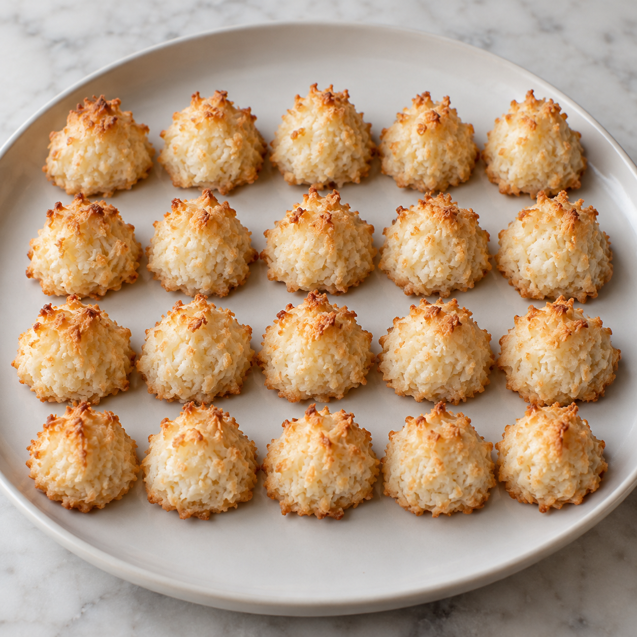20 saftige Kokosmakronen mit goldenen Spitzen auf einer hellen Platte