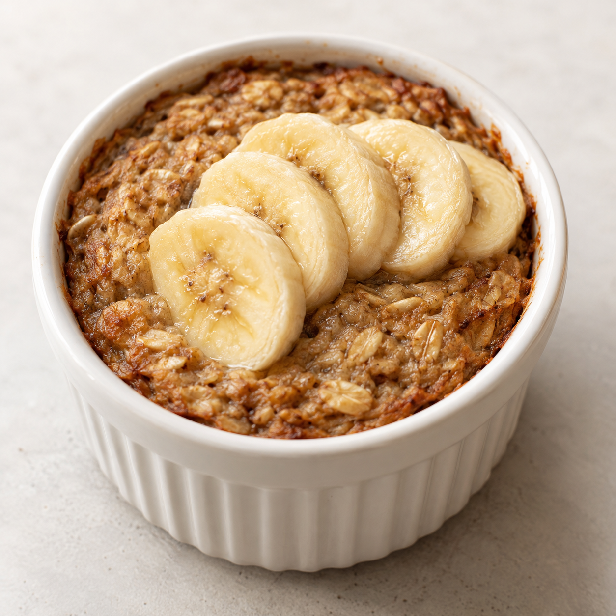 Airfryer Baked Oats mit Bananenscheiben in einer weißen Form