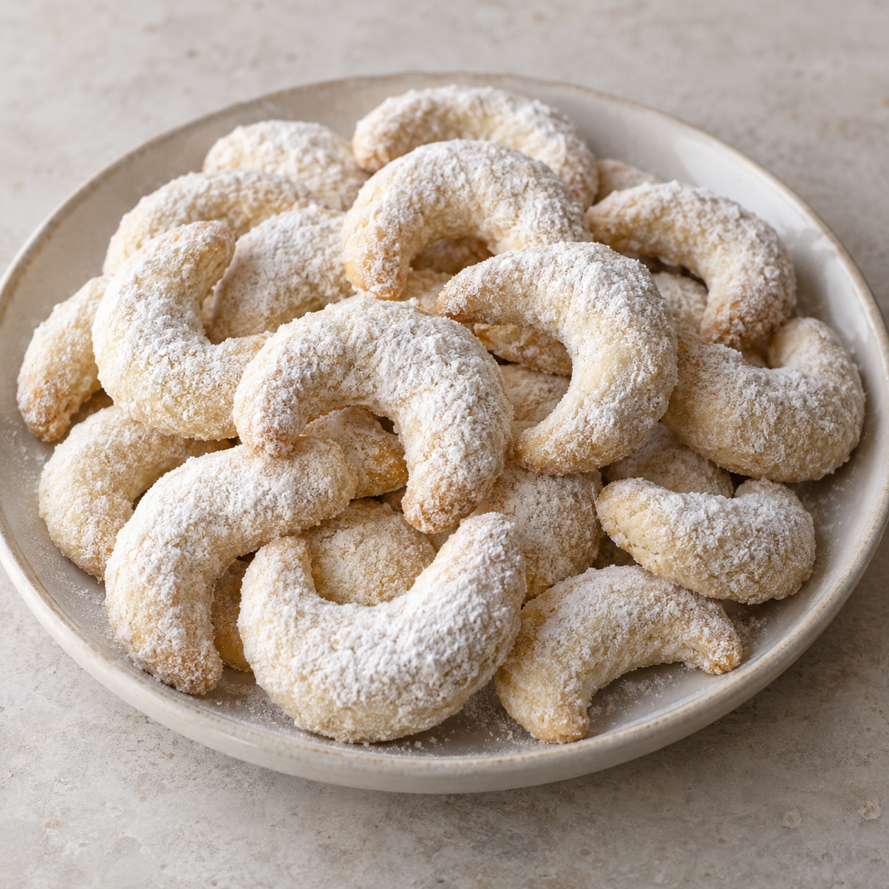 Traditionelle Vanillekipferl mit Puderzucker auf einer schlichten Platte