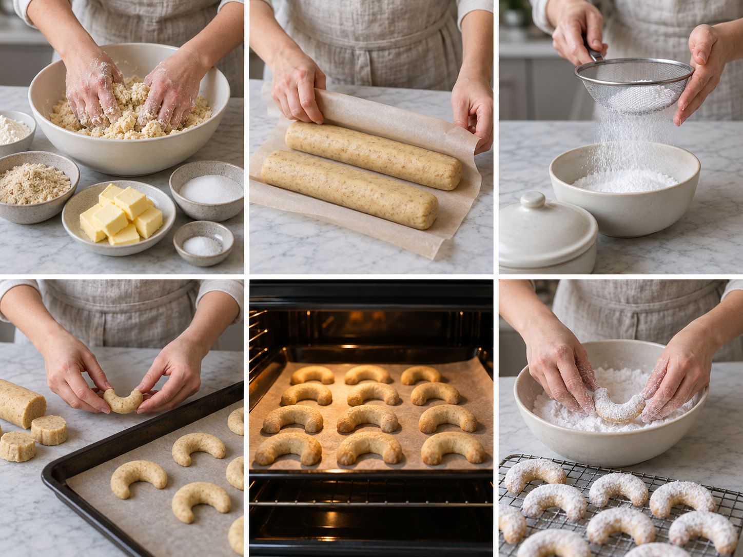 Sechs Zubereitungsschritte für traditionelle Vanillekipferl