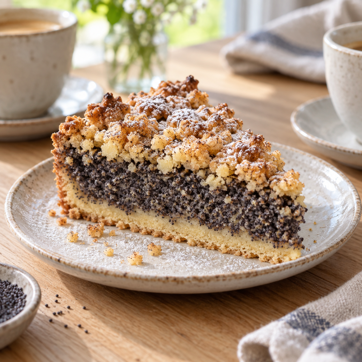 Omas saftiger Mohnkuchen mit Streuseln
