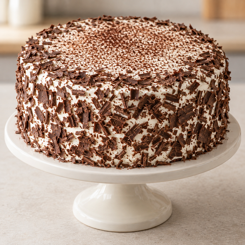 Weihnachtliche Kirschtorte mit Sahne, Kakao und Schokoraspeln