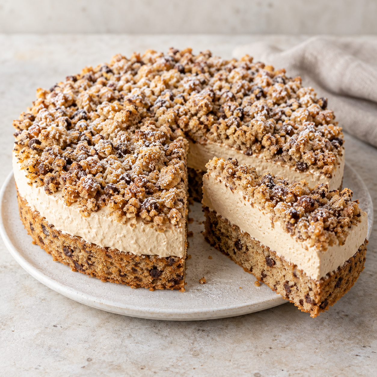 Kaffee-Sahne-Torte mit Haselnussboden, Cappuccino-Sahne und Krümeldecke