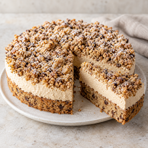 Kaffee-Sahne-Torte mit Haselnussboden, Cappuccino-Sahne und Krümeldecke
