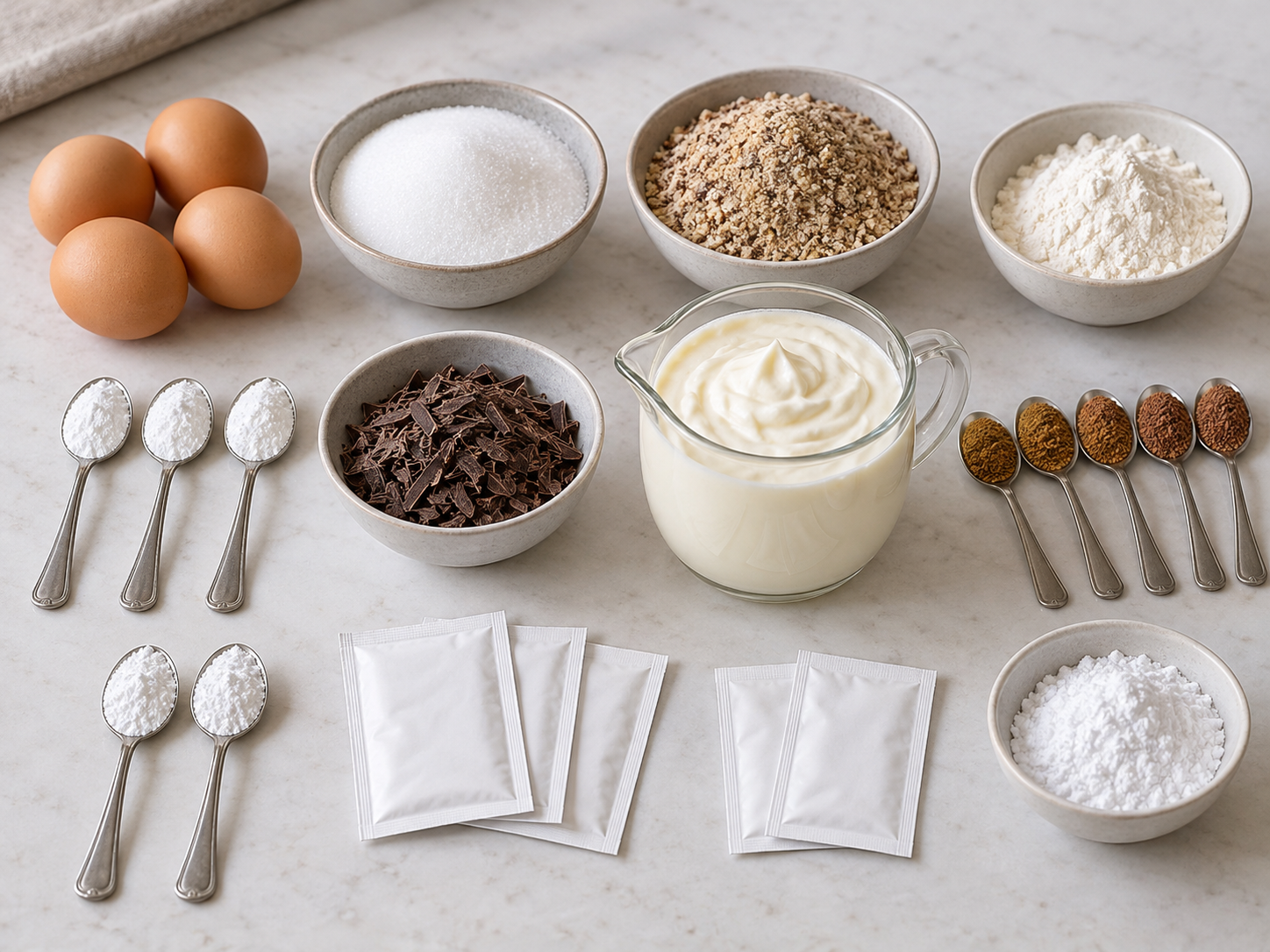 Zwölf Zutaten für Kaffee-Sahne-Torte mit vier Eiern, Haselnüssen, Sahne und Cappuccinopulver
