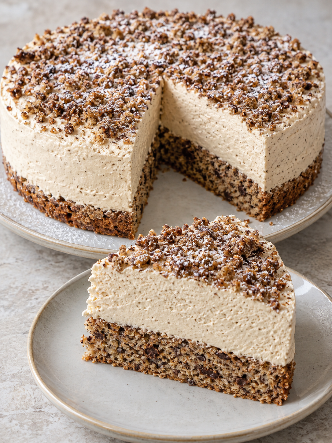 Angeschnittene Kaffee-Sahne-Torte mit Cappuccino-Sahne und Krümeln