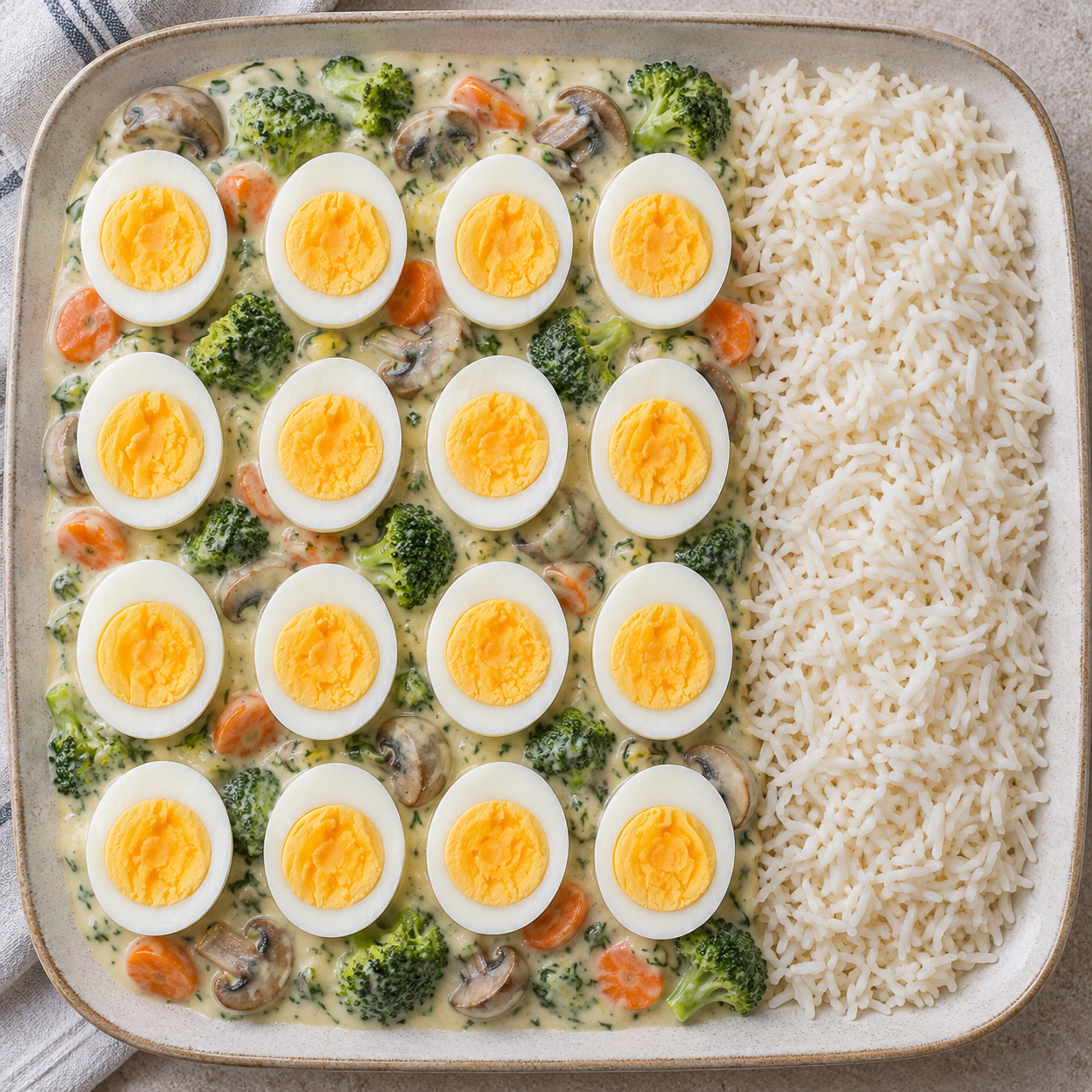 Eierragout mit acht Eiern, Brokkoli, Möhren und Champignons in Kräuter-Béchamel mit Reis