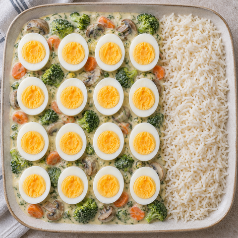 Eierragout mit acht Eiern, Brokkoli, Möhren und Champignons in Kräuter-Béchamel mit Reis
