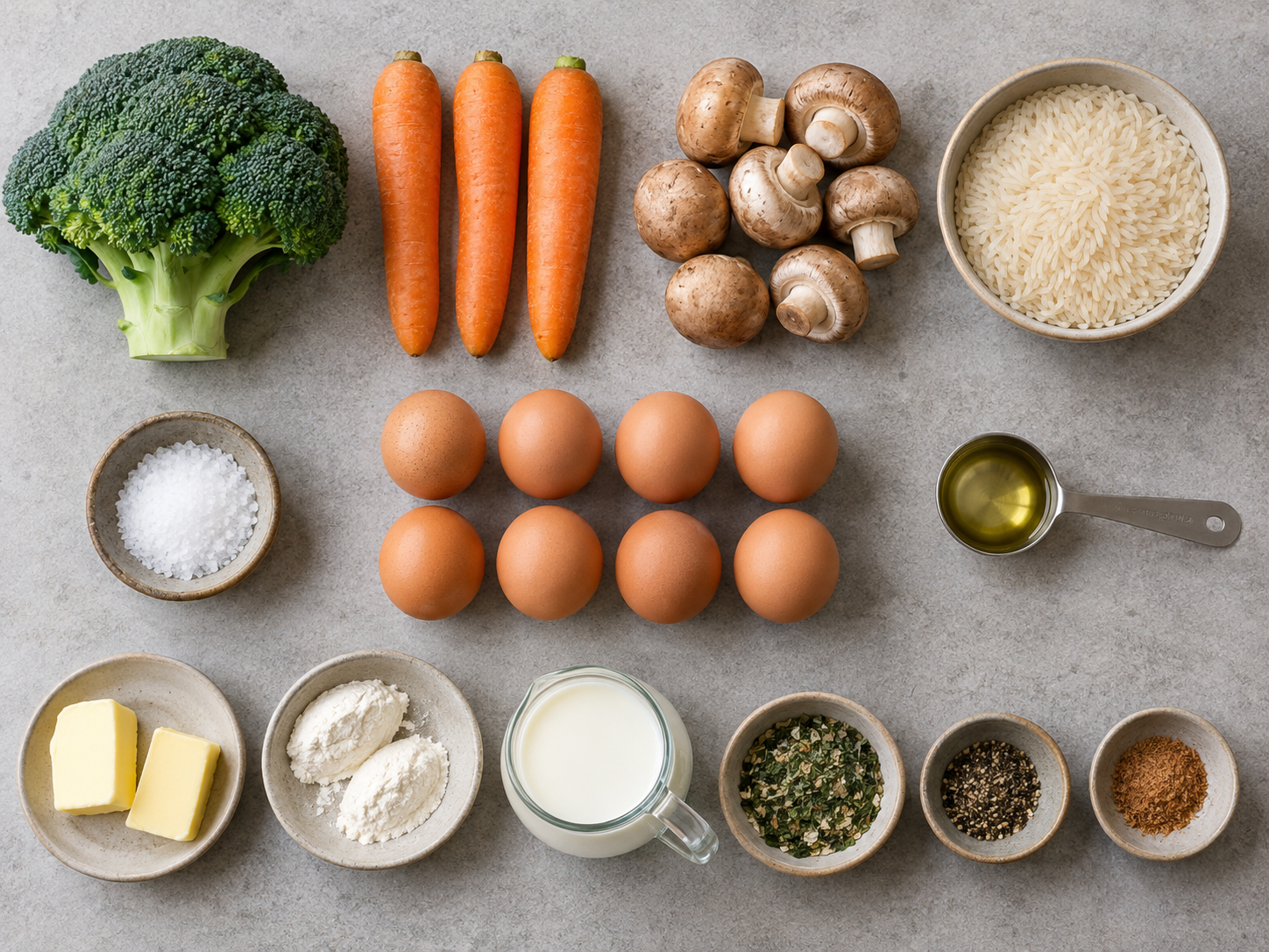 Dreizehn Zutaten für Eierragout mit acht Eiern, drei Möhren, Brokkoli, Champignons und Reis