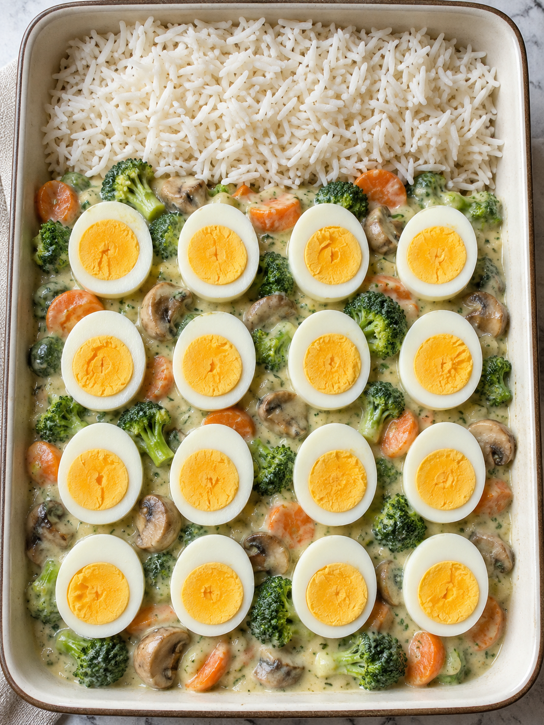 Eierragout mit sechzehn Eierhälften, Gemüse, Kräuter-Béchamel und Reis