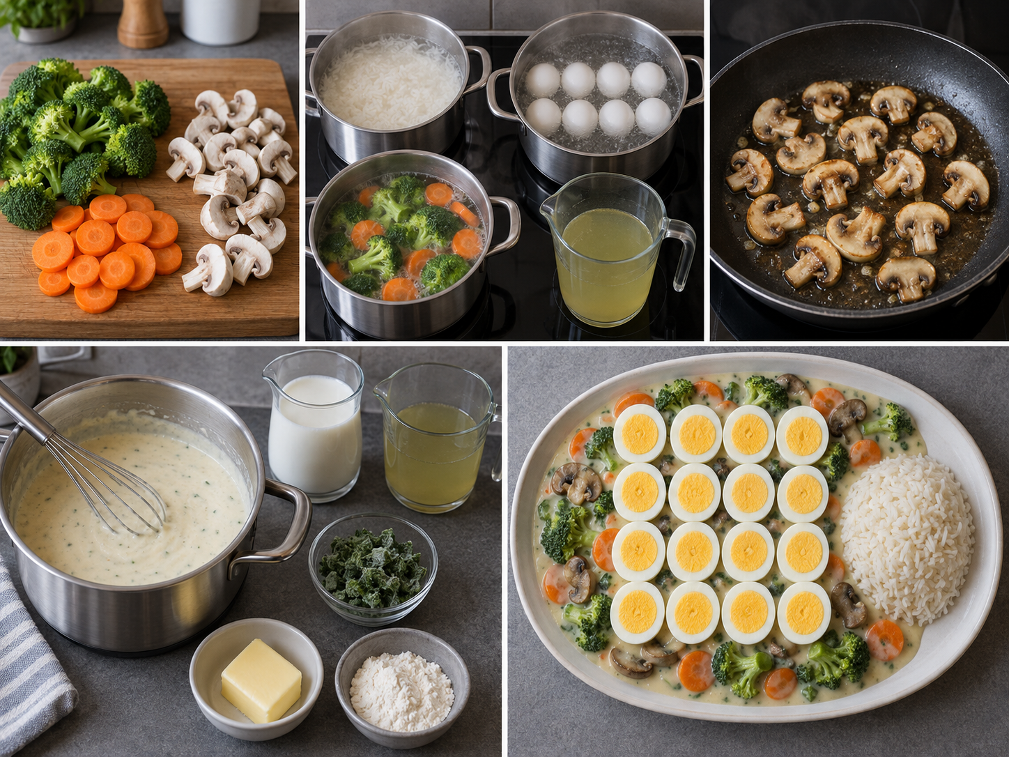 Fünf Zubereitungsschritte für Eierragout mit Kräuter-Béchamel und Reis