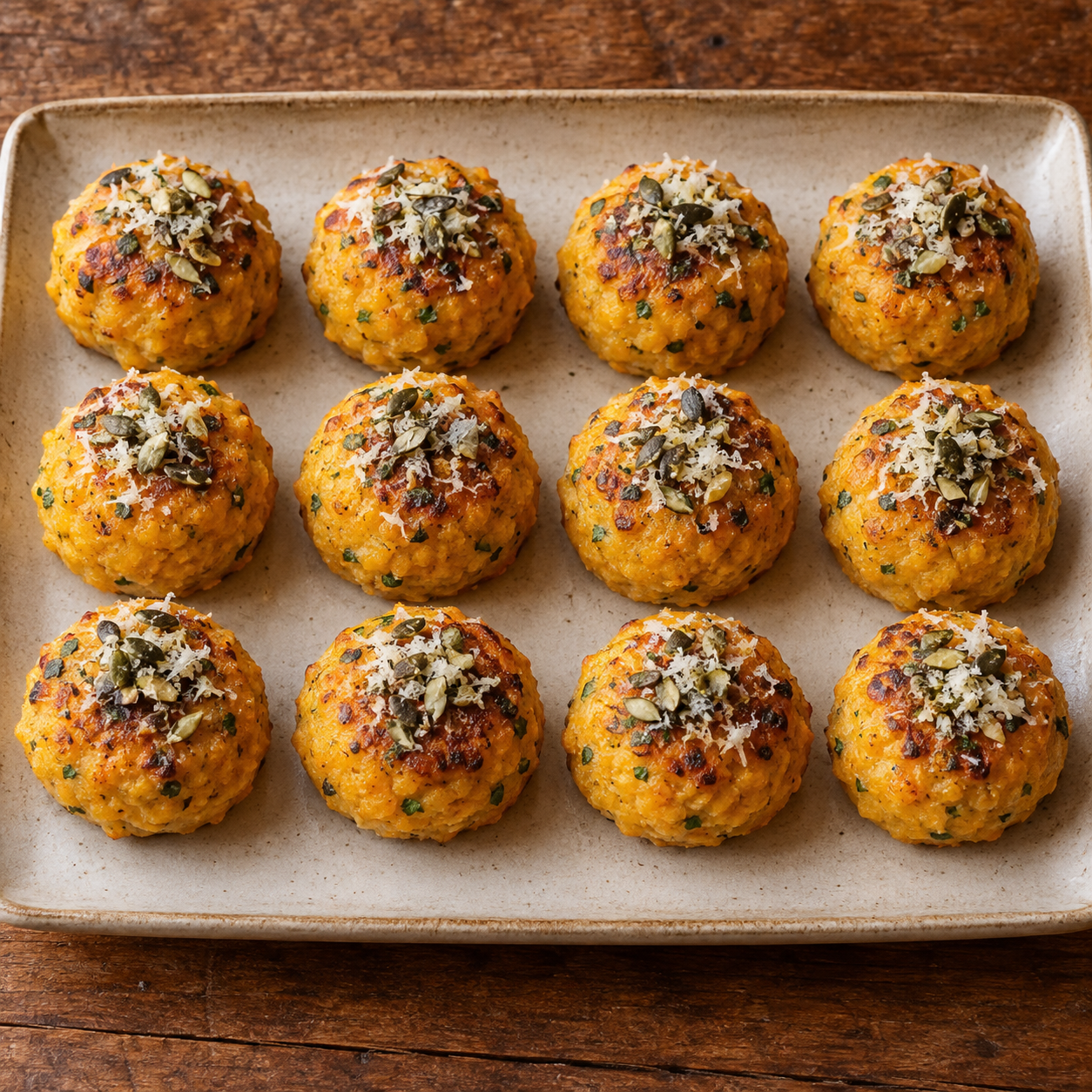 Zwölf herbstliche Kürbisknödel mit Kürbiskernen und Parmesan