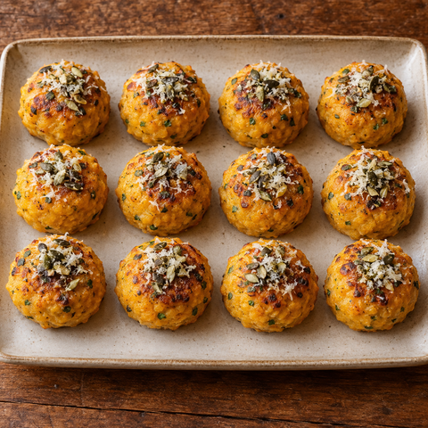 Zwölf herbstliche Kürbisknödel mit Kürbiskernen und Parmesan