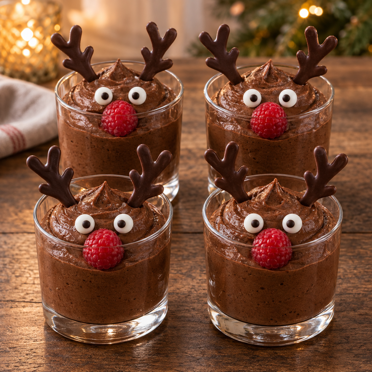 Vier Gläser weihnachtliche Schokomousse mit Rentier-Dekoration
