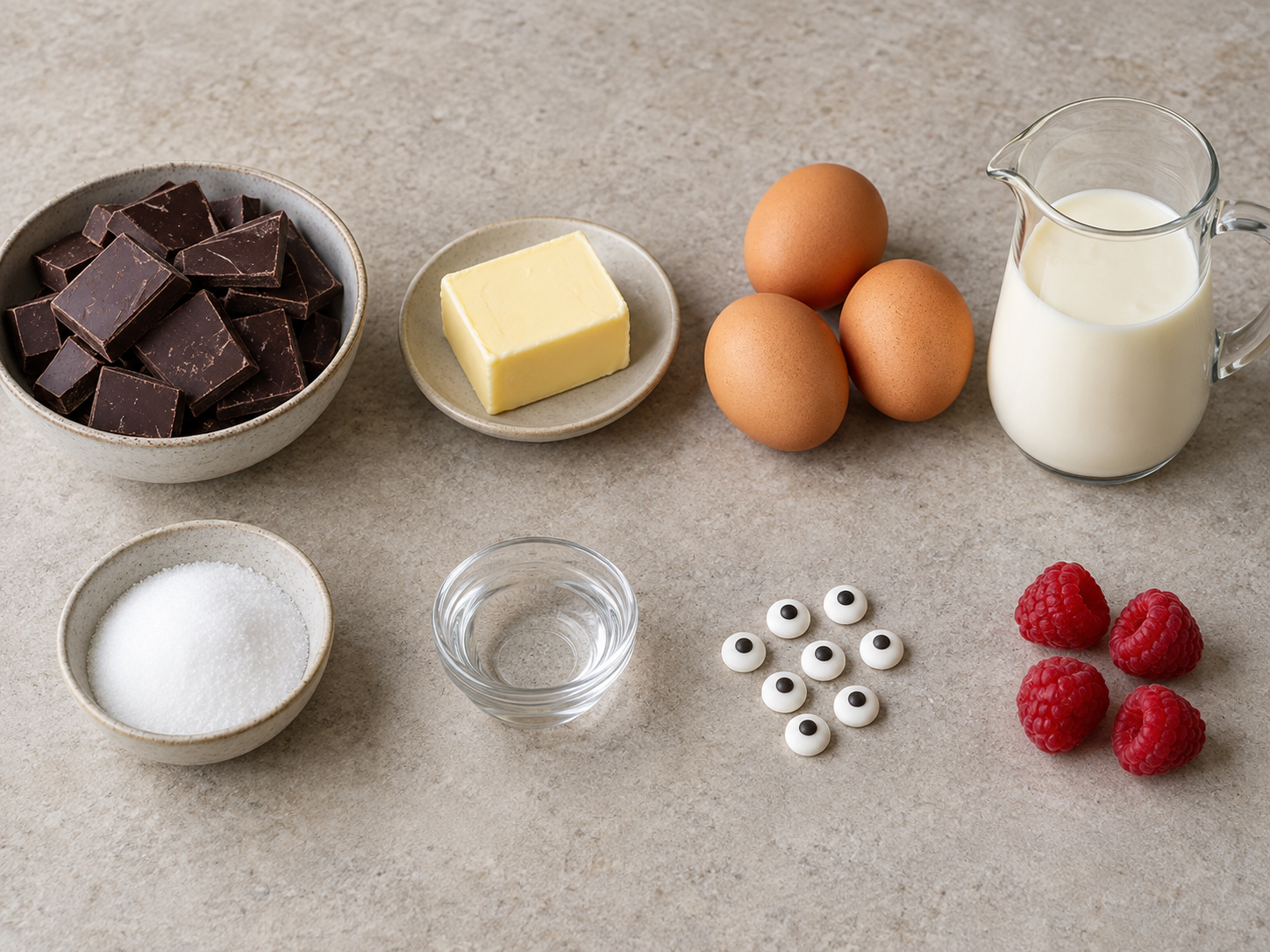 Zutaten für weihnachtliche Schokomousse mit Schokolade, Eiern und Himbeeren