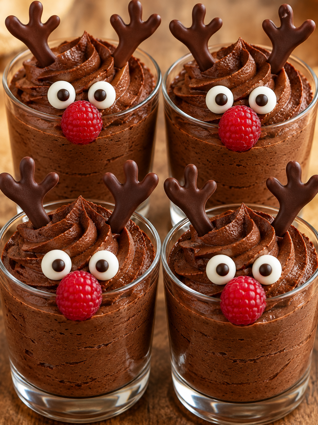 Weihnachtliche Schokomousse im Glas mit Rentiergesichtern