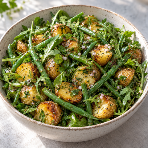 Kräuter-Kartoffelsalat mit grünen Bohnen und Rucola in einer Schüssel