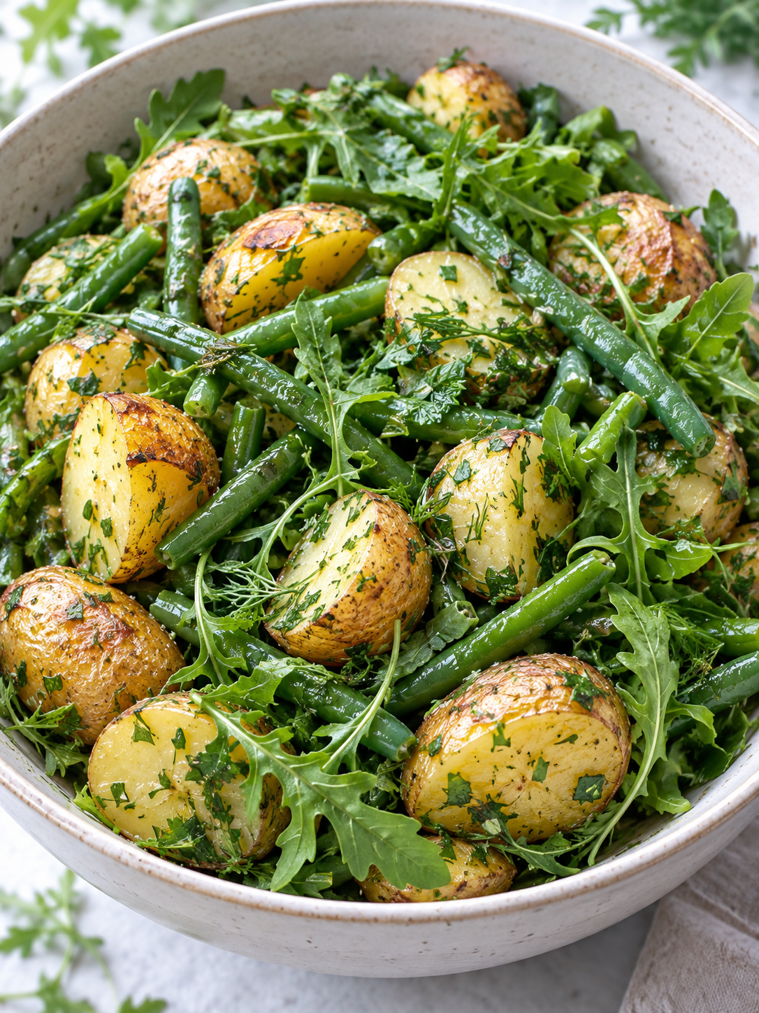 Kräuter-Kartoffelsalat mit Bohnen und Rucola im Hochformat