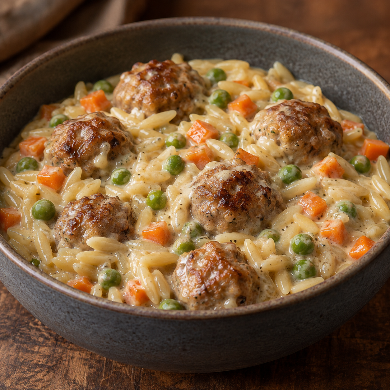 Cremiger Orzo Wikinger Topf mit Hackbällchen, Karotte und Erbsen