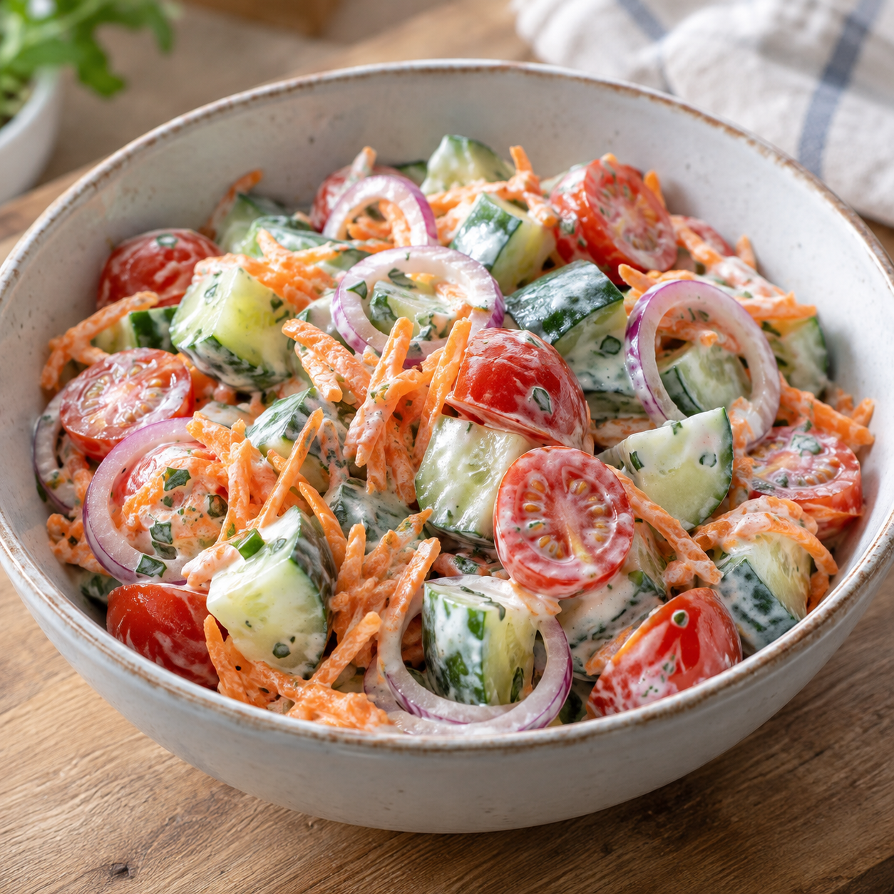 Bunter Fitness-Salat mit Gurke, Karotte, Tomaten und Joghurtdressing