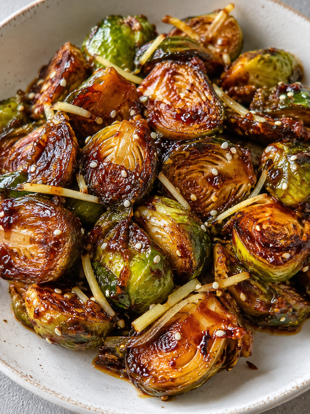 Gerösteter Gochujang-Rosenkohl mit Sauce und Sesam