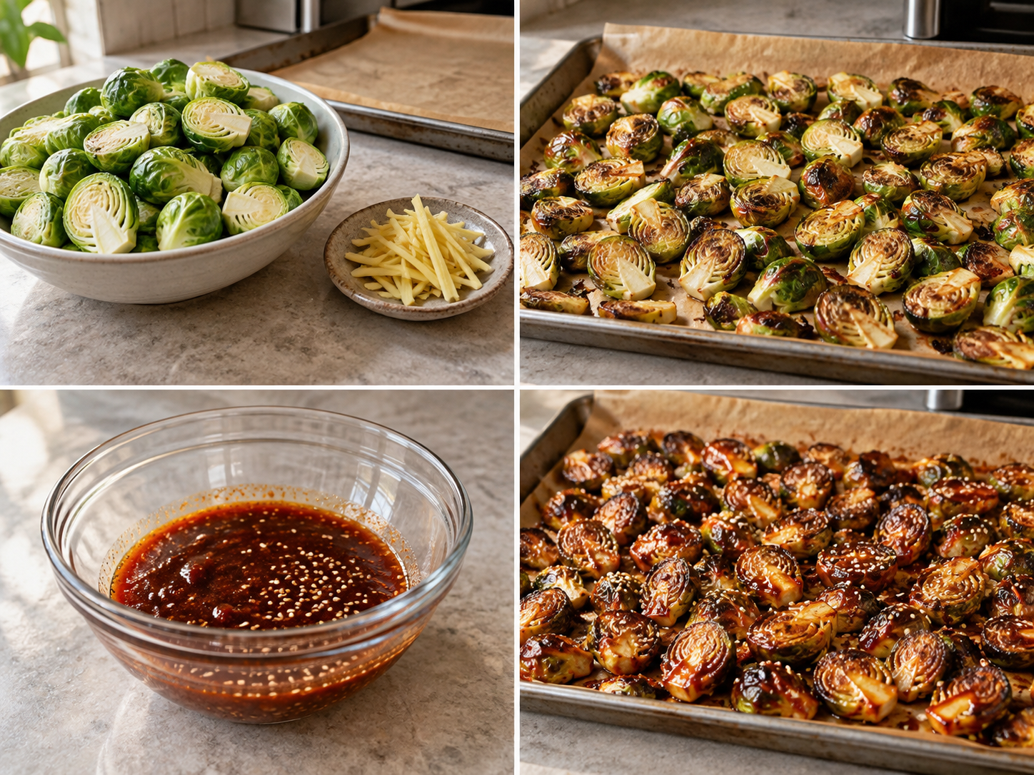Vier Zubereitungsschritte für Gochujang-Rosenkohl