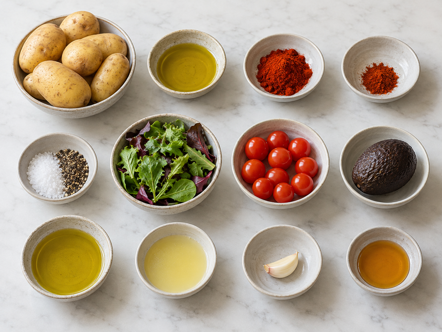 Zwölf Zutaten für Ofenkartoffeln mit Salat