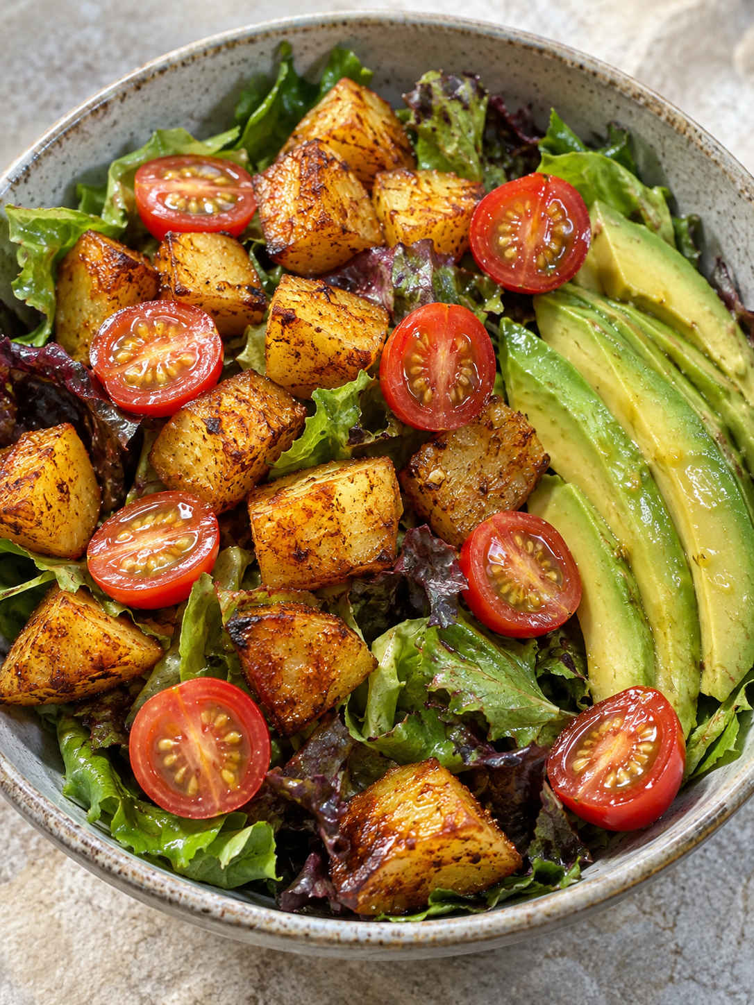 Knusprige Ofenkartoffeln mit Salat, Avocado und Cherrytomaten