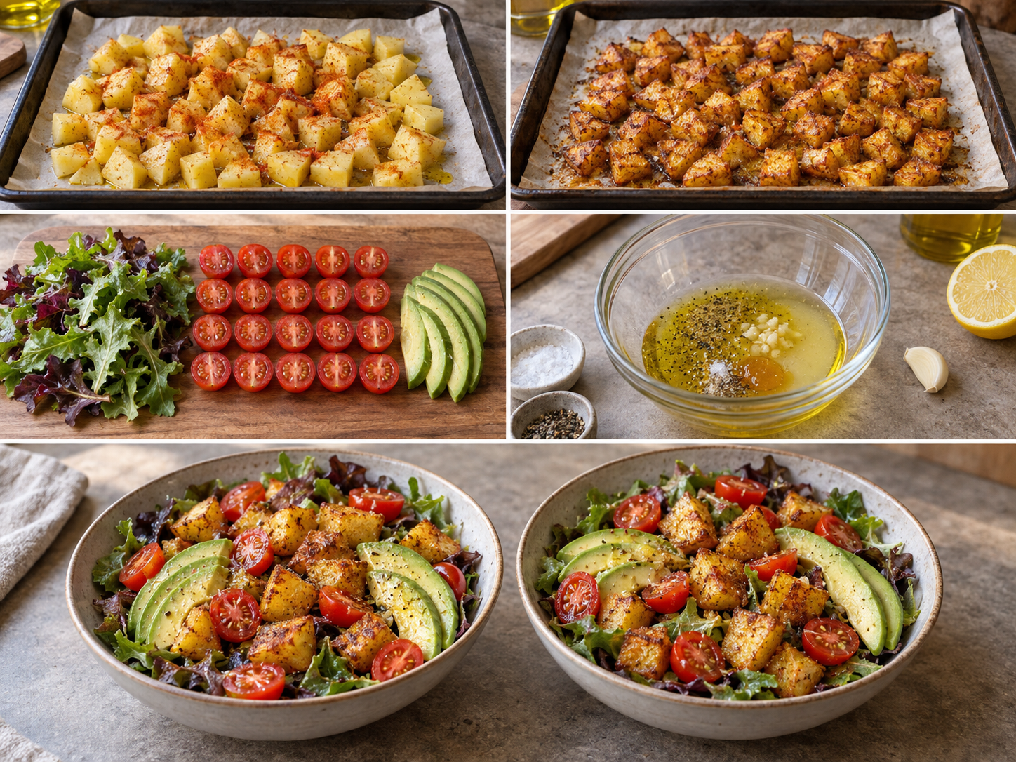 Fünf Zubereitungsschritte für die Ofenkartoffel-Salat-Bowl