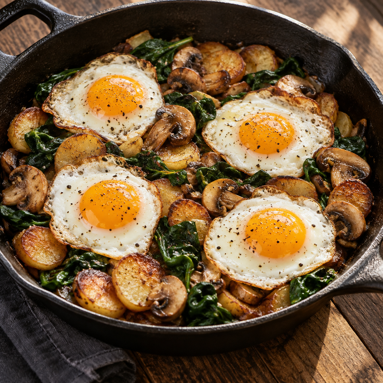 Bratkartoffeln mit Champignons, Spinat und vier Spiegeleiern