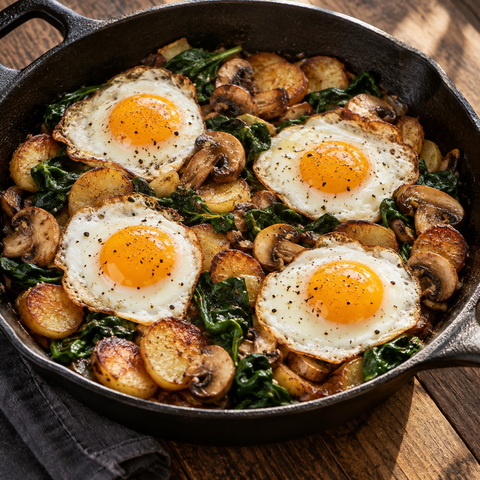 Bratkartoffeln mit Champignons, Spinat und vier Spiegeleiern