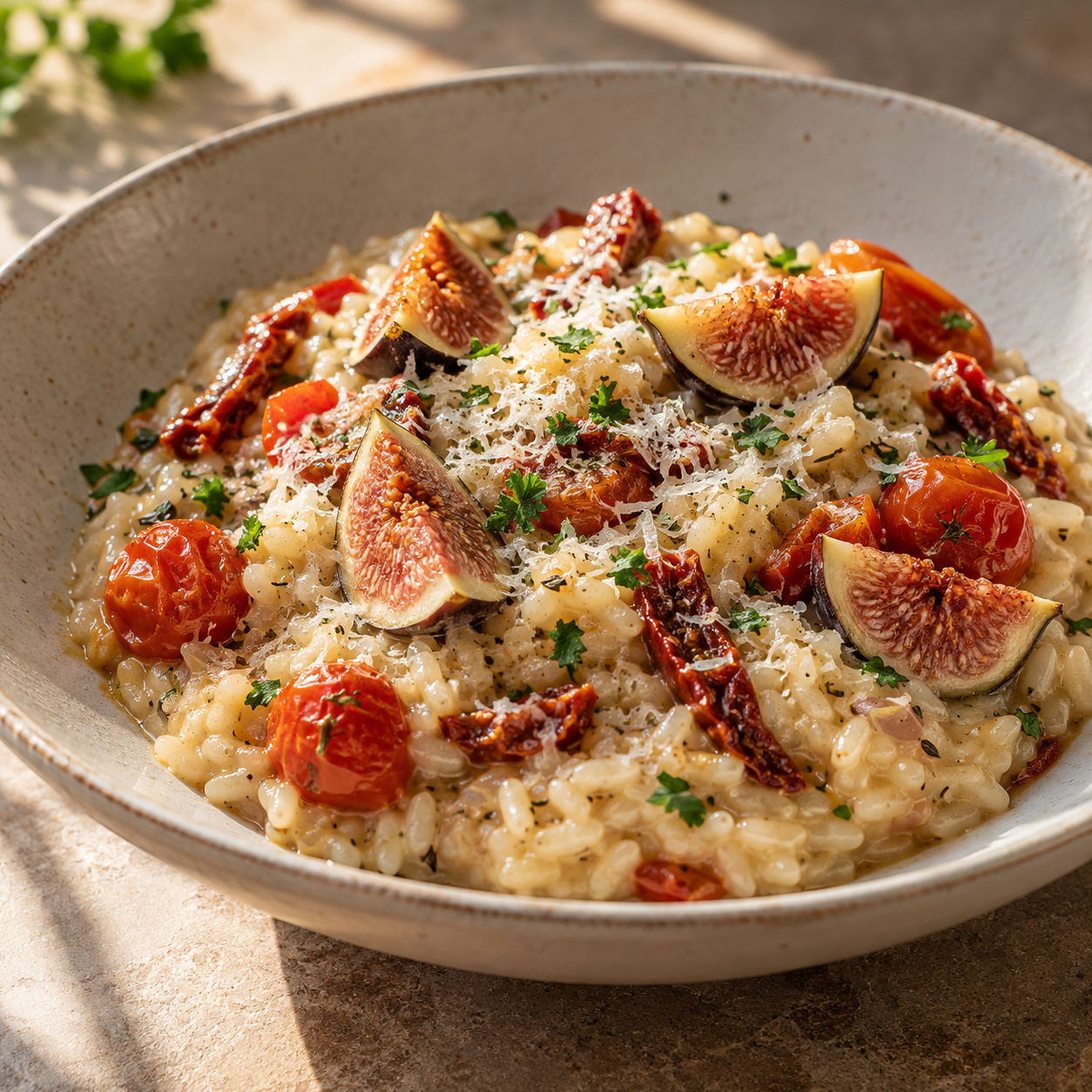 Cremiges Feigen-Tomaten-Risotto mit Parmesan und Petersilie