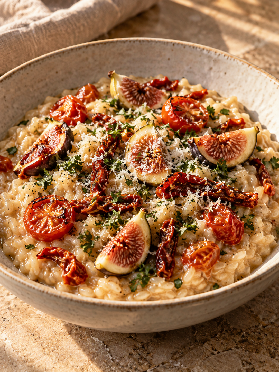 Feigen-Tomaten-Risotto mit gerösteten Tomaten und Parmesan