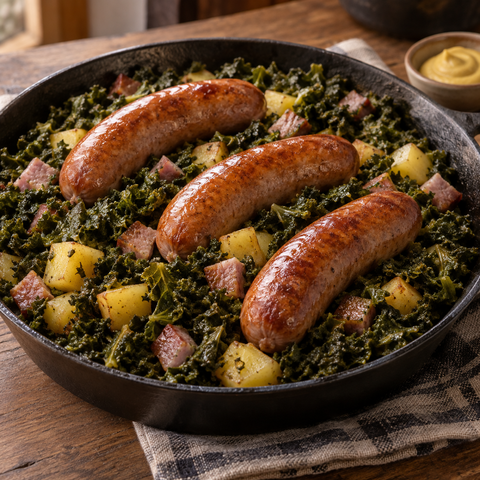 Grünkohl mit Kartoffeln, Kassler und drei Mettwürsten