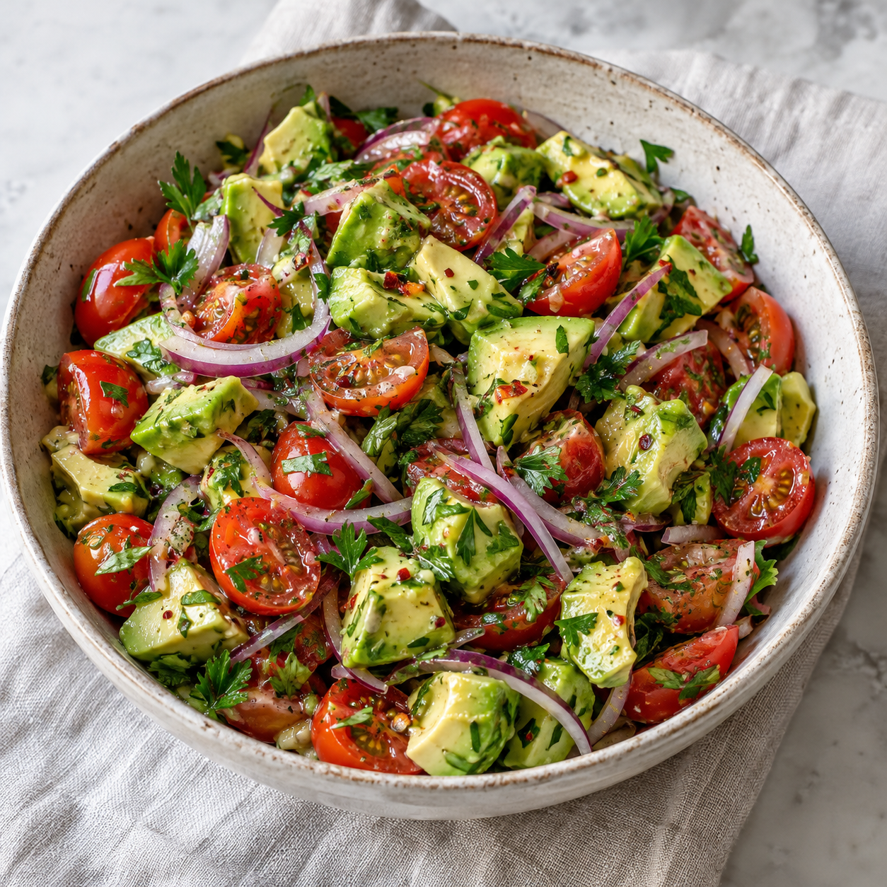 Avocado-Tomaten-Salat mit roten Zwiebeln, Petersilie und Limettendressing