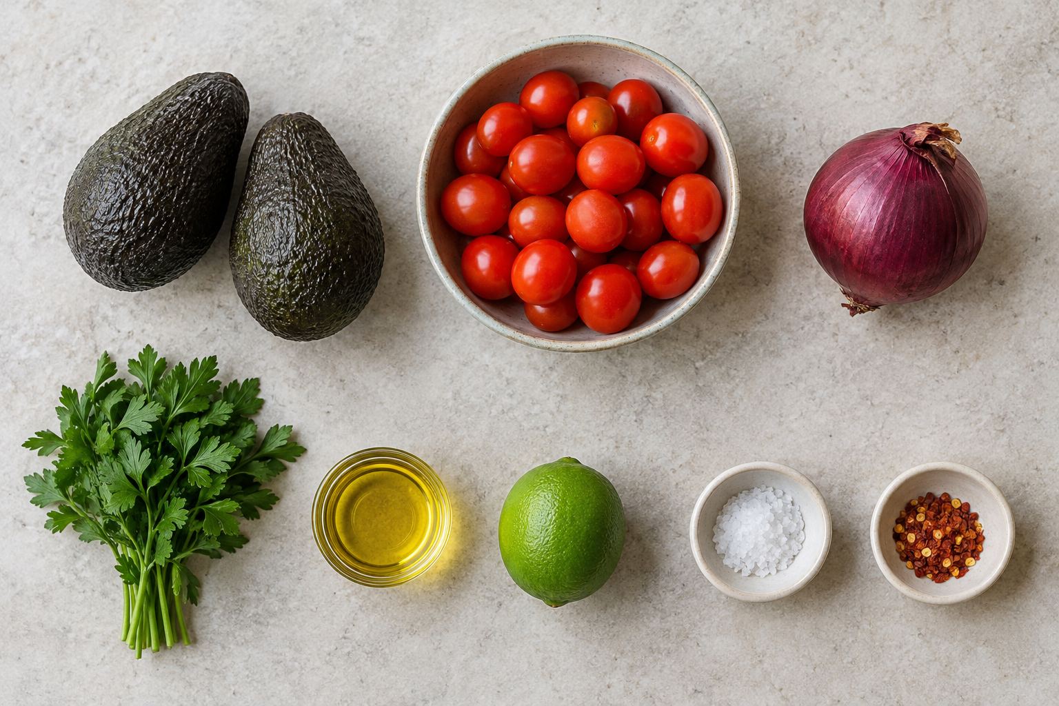 Acht Zutaten für Avocado-Tomaten-Salat übersichtlich angeordnet