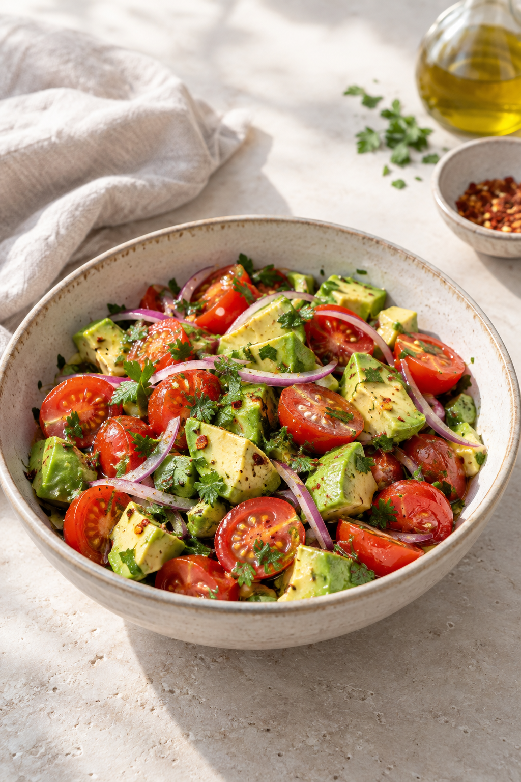 Avocado-Tomaten-Salat mit roten Zwiebeln und Petersilie