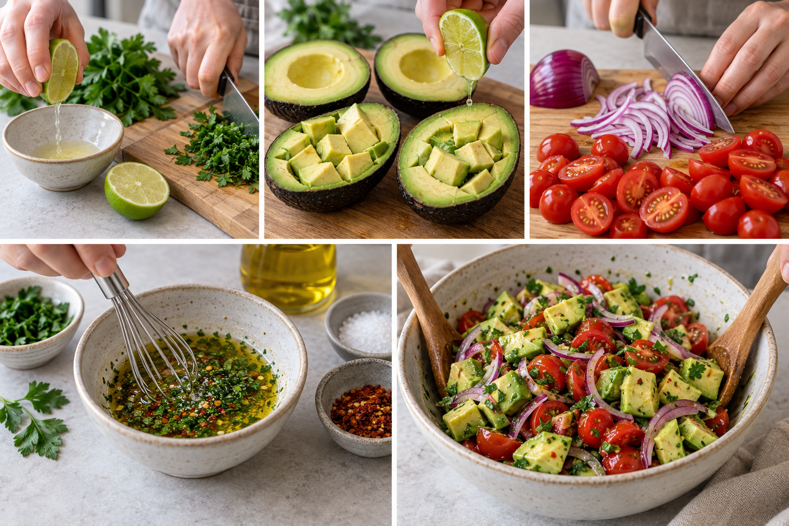Fünf Schritte zur Zubereitung von Avocado-Tomaten-Salat
