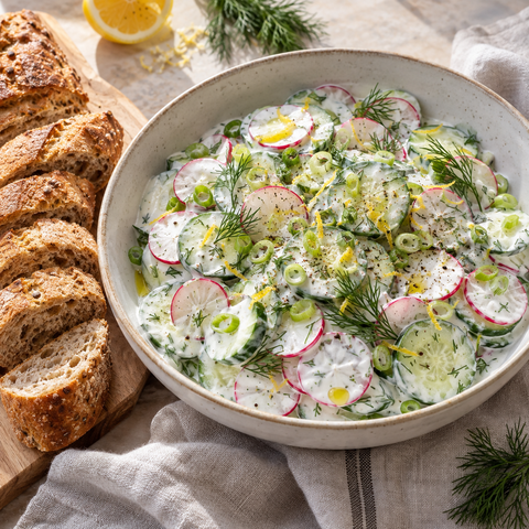 Gurken-Radieschen-Salat mit Dill und Vollkornbaguette